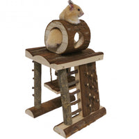 Rosewood Activity Climbing Tower, a wooden ladder tower with a log hide on top