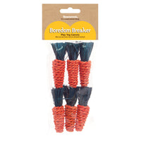 Rosewood mini sisal carrot toys in red and navy on their Boredom Breaker header card