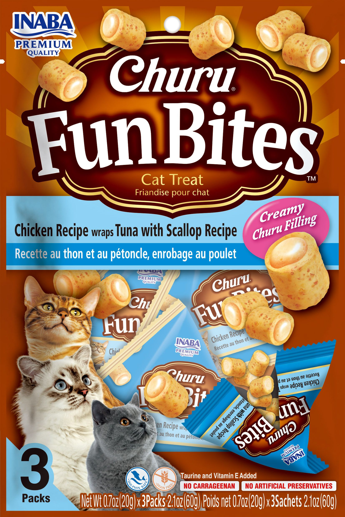 Inaba Churu Fun Bites Chicken Wraps Tuna with Scallop Recipe cat treats, front of pack