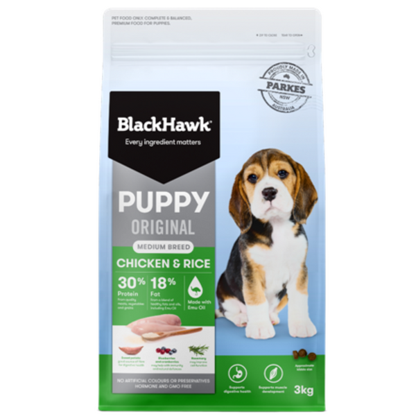 Black Hawk Dry Dog Food Original Puppy Medium Breed Chicken & Rice 3kg