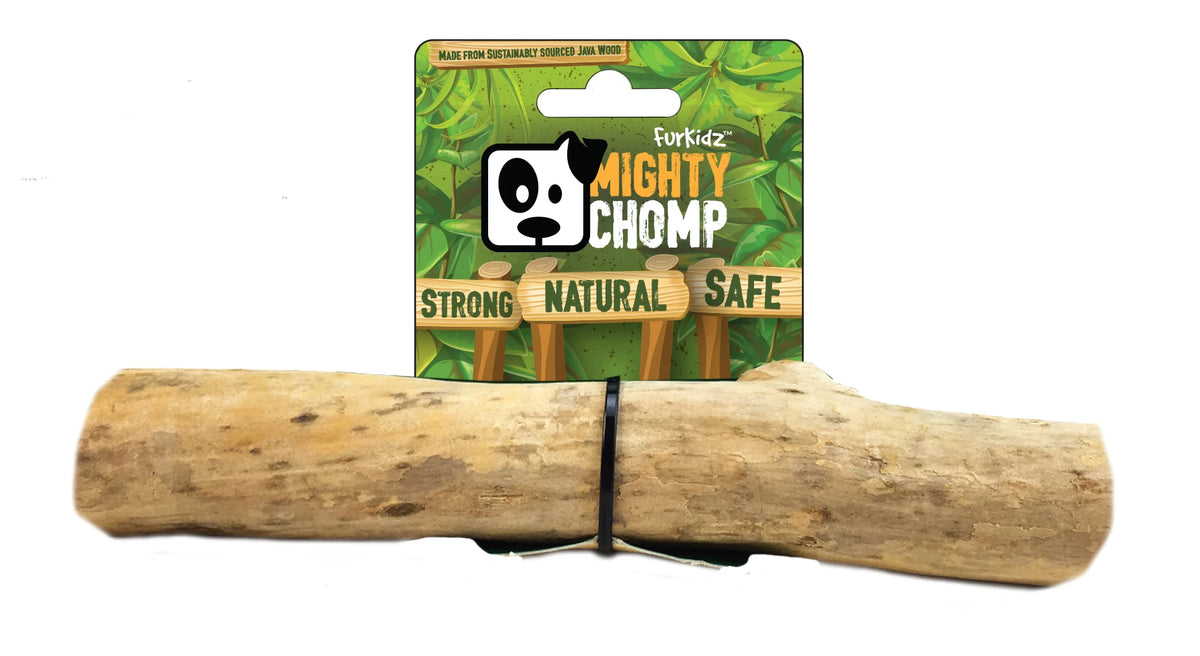 FurKidz Mighty Chomp java wood chew, a knotty natural branch with the green Mighty Chomp card