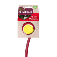 Rosewood Fling Ball dog toy, a yellow ball on a rope handle, on its header card