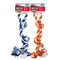 Rosewood double knotted rope tug dog toys in blue and orange, both on rope toy cards