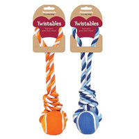 Rosewood Twistables tennis ball rope tugs for dogs in orange and blue, both carded