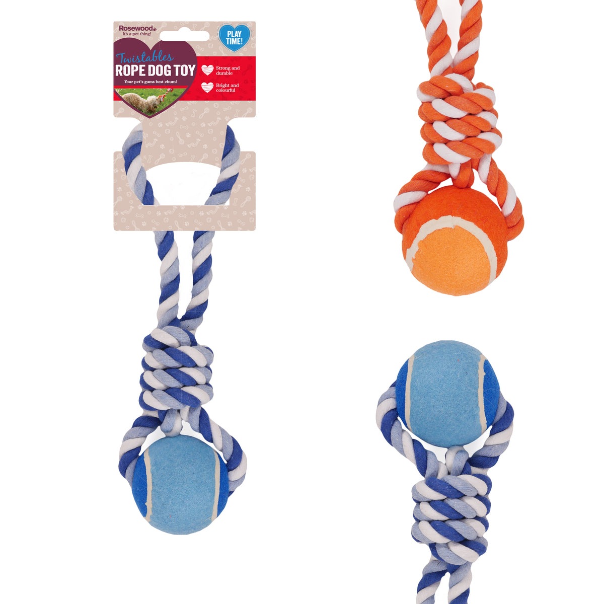 Rosewood Twistables 3 inch tennis ball rope tug – front of pack