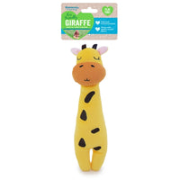 Rosewood eco friendly yellow plush giraffe dog toy shown with its header card