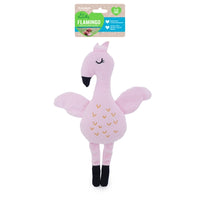 Rosewood eco friendly pink plush flamingo dog toy shown with its header card