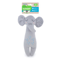 Rosewood eco friendly grey plush elephant dog toy shown with its header card