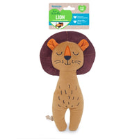 Rosewood eco friendly plush lion dog toy with a dark mane, shown with its card