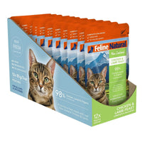 Feline Natural Chicken & Lamb wet cat food pouches, front of the 85g x 12 pack