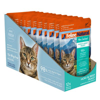 Feline Natural Hoki & Beef wet cat food pouches, front of the 85g x 12 pack