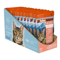 Feline Natural Lamb & King Salmon wet cat food pouches, front of the 85g x 12 pack
