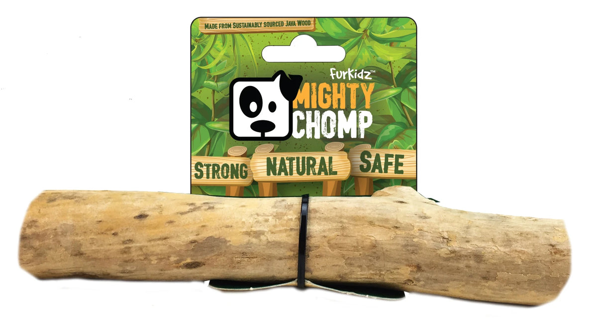 The largest FurKidz Mighty Chomp java wood chew, a thick natural log with its green retail card