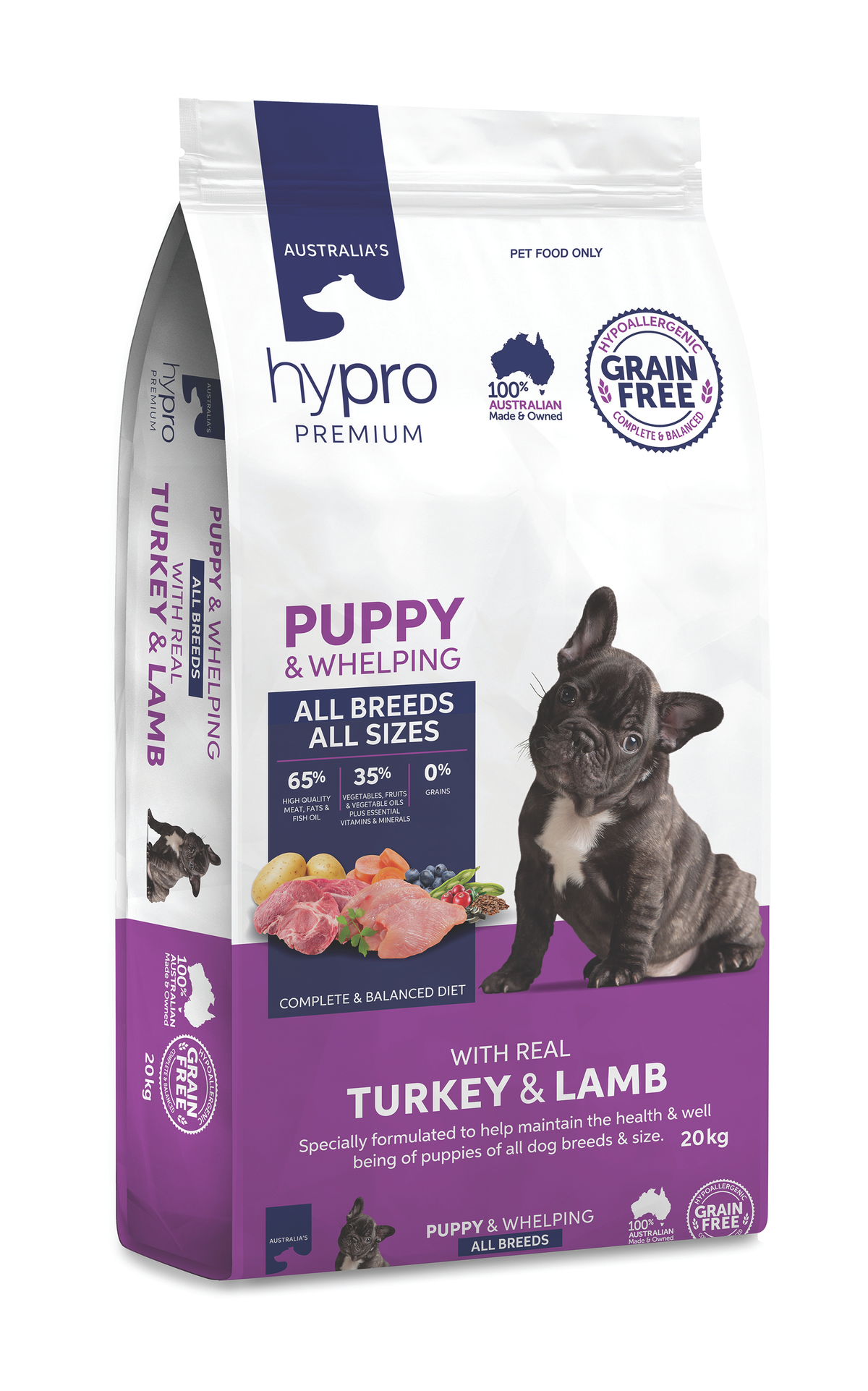 Front of the 20kg Hypro Premium Grain Free Turkey & Lamb puppy and whelping food bag, with a French bulldog puppy