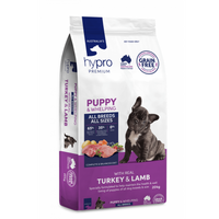 Front of the 20kg Hypro Premium Grain Free Turkey & Lamb puppy and whelping food bag, with a French bulldog puppy