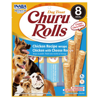 Inaba Churu Rolls Chicken Wraps with Cheese, soft wrapped chews, 6 packs of 8 x 12g or 8 packs of 8 x 12g, dog treat