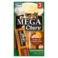 Inaba Mega Churu Chicken with Pumpkin Recipe dog treats, front of the 3-tube pack