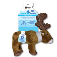 Spunky Pup Clean Earth recycled plush caribou dog toy, large, on its blue Clean Earth header card
