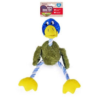 Rosewood Delia Duck green plush dog toy with rope legs, shown with its header card