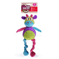 Rosewood Chloe Cow plush dog toy with braided legs, shown with its header card