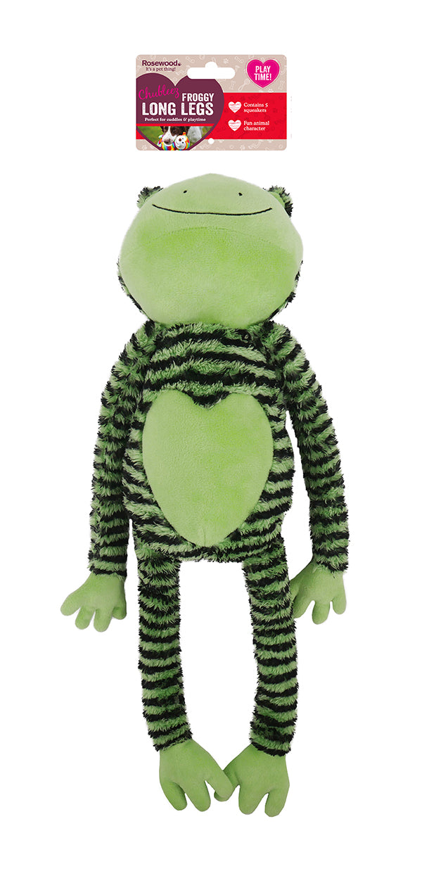 Rosewood Froggy Long Legs plush dog toy – with swing tag