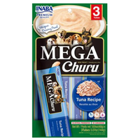 Inaba Mega Churu Tuna Recipe dog treats, front of the 3-tube pack