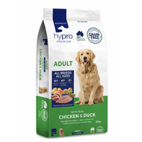 Front of the 20kg Hypro Premium Grain Free Chicken & Duck adult dog food bag, with a golden retriever