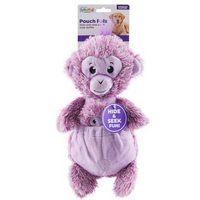 Charming Pet Pouch Pals purple plush monkey dog toy with a baby monkey in its belly pouch, on its card