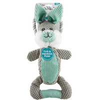 Charming Pet Scrunch Bunch grey plush bunny dog toy with a rope tug handle, on its retail card