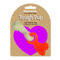 Rosewood Tough Pup duo dental bone tug for puppies in purple and orange, on its card