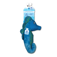 Spunky Pup Clean Earth recycled plush blue seahorse dog toy, large, on its Clean Earth header card