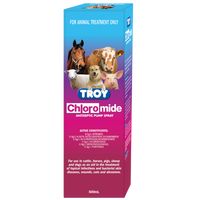 TROY Chloromide antiseptic pump spray carton, 500 mL, with horse, cattle, sheep, pig and dog photos.