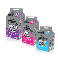 Three Absorb Plus Charcoal training pee pad boxes, purple, pink and blue packaging