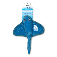 Spunky Pup Clean Earth recycled plush blue stingray dog toy, large, on its Clean Earth header card