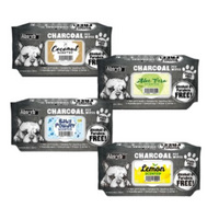 Four Absorb Plus Charcoal pet wipes packs grouped together, assorted scents