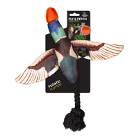 Spunky Pup Fly & Fetch duck dog toy on its card, a winged duck with a knotted rope tail