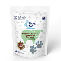 Freezy Paws Freeze Dried Lamb Liver treats in the older Australian Premium 100g pouch, lamb liver roundel