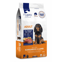 Front of the 20kg Hypro Premium Grain Free Kangaroo & Lamb adult dog food bag, with a black and tan dog