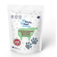 Freezy Paws Freeze Dried Lamb Heart treats in the older Australian Premium 100g pouch, lamb heart roundel