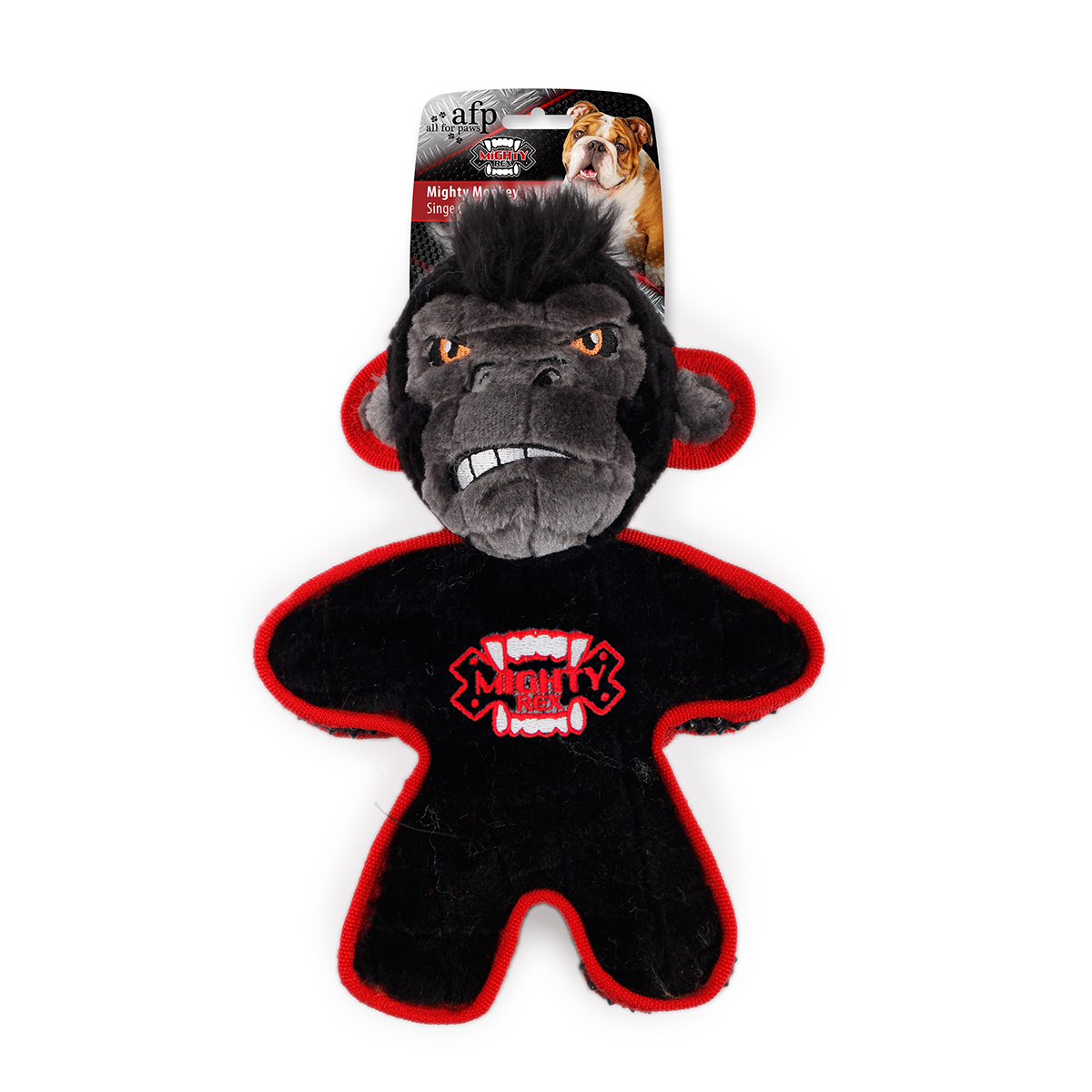 All for Paws AFP Mighty Monkey black and red plush dog toy on its printed header card