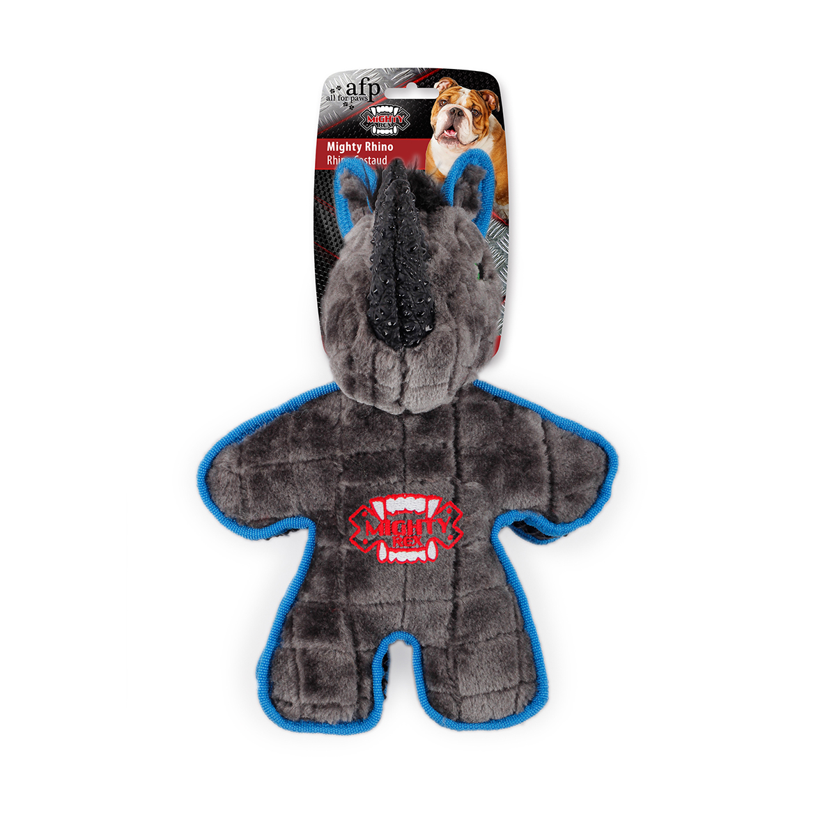 All for Paws AFP Mighty Rhino grey and blue plush dog toy on its printed header card