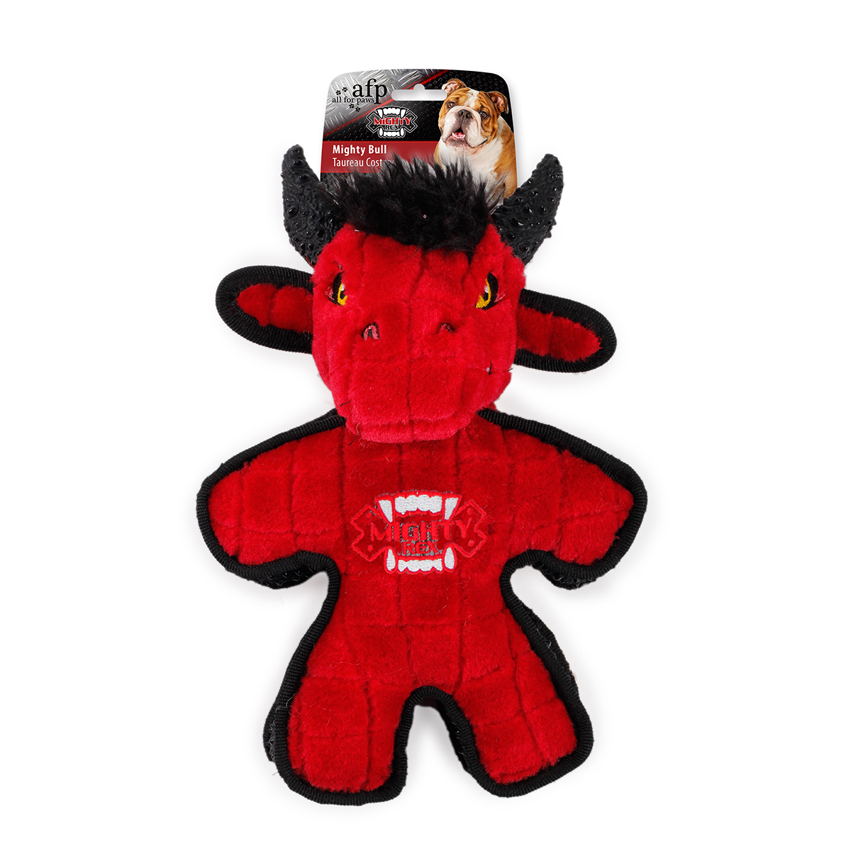 All for Paws AFP Mighty Bull red plush dog toy with horns, on its printed header card