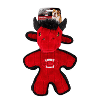 All for Paws AFP Mighty Bull red plush dog toy with horns, on its printed header card