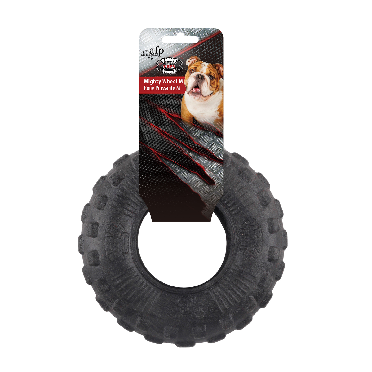 All for Paws AFP Mighty Wheel M black rubber tyre dog toy on its printed header card