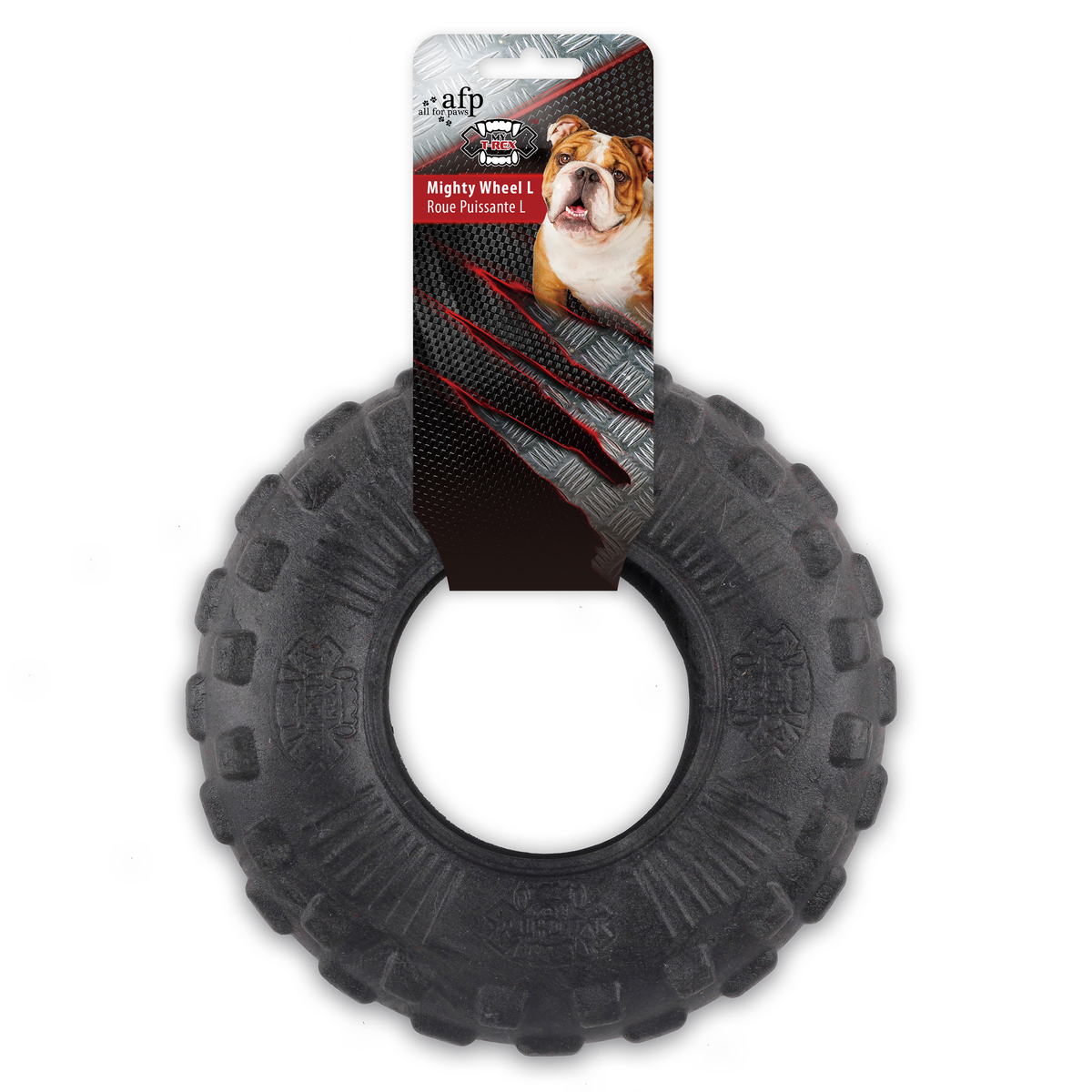 All for Paws AFP Mighty Wheel L black rubber tyre dog toy on its printed header card