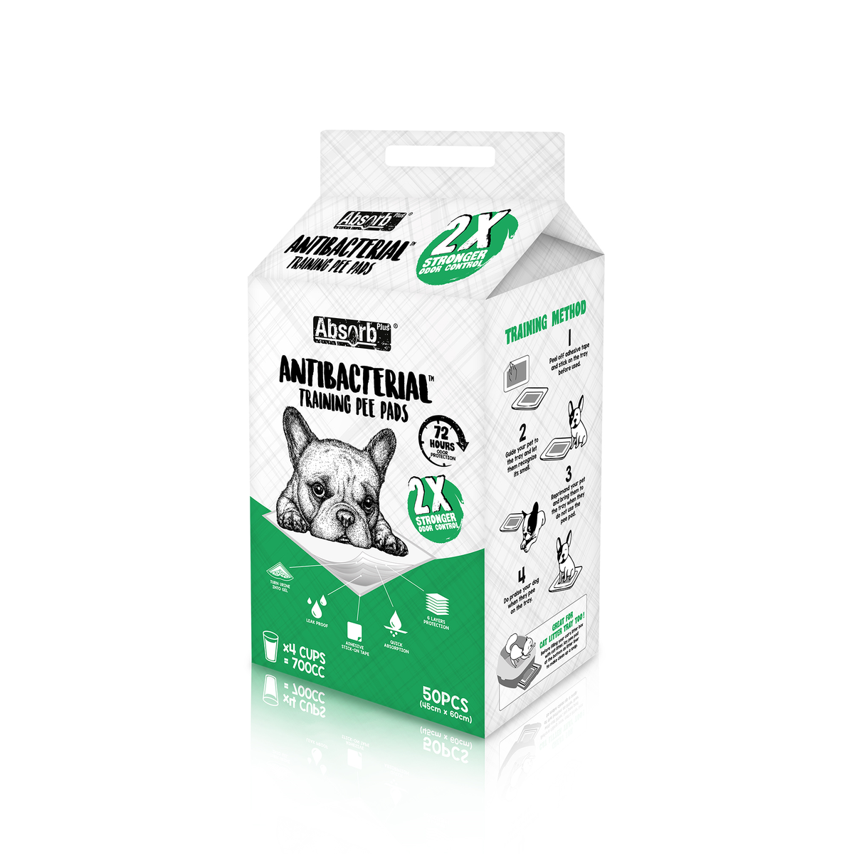 Green packaging box, Absorb Plus Antibacterial Training Pee Pads, 60 x 45cm, 50 sheets