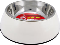 Stainless steel bowl in a white melamine base
