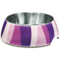 Stainless steel bowl in a purple and pink striped melamine base