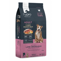 Front of the 20kg Hypro Premium Wholesome Grains Lamb & Brown Rice adult dog food bag, with a tan dog