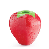 Planet Dog Orbee-Tuff Strawberry dog toy, a red rubber strawberry with a green leaf top